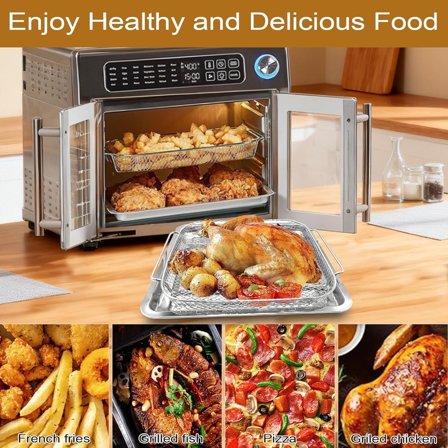 5-Pack Air Fryer Replacement Set for Emeril Lagasse 26QT, Includes Non-Stick Baking Pan, Basket, Air Fryer Rack, 2 Mats & 100 Parchment Papers, Stainless Steel Bakeware Set