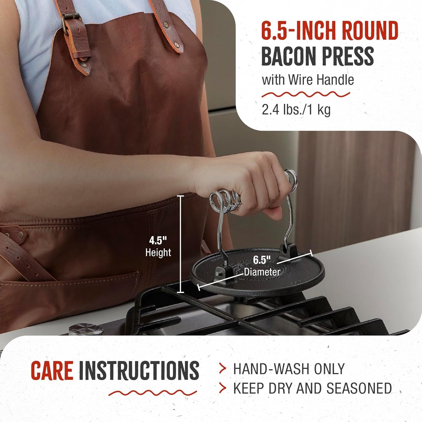 Victoria Round Cast Iron Meat Press with a Wire Handle, Preseasoned with Flaxseed Oil, Made in Colombia