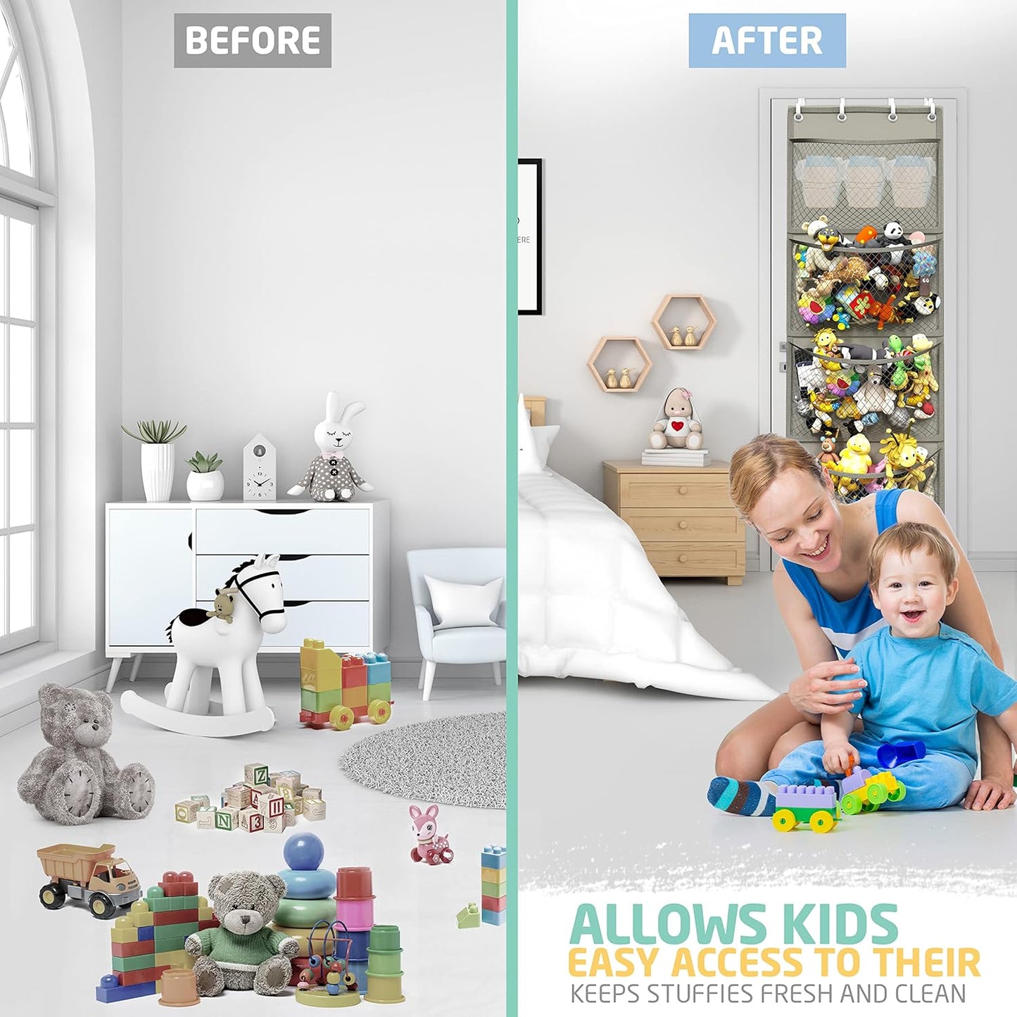 Honeyera Over Door Organizer for Stuffies, Baby Accessories, and Toy Plush Storage - Easy Installation with Breathable Hanging Storage Pockets (Gray)