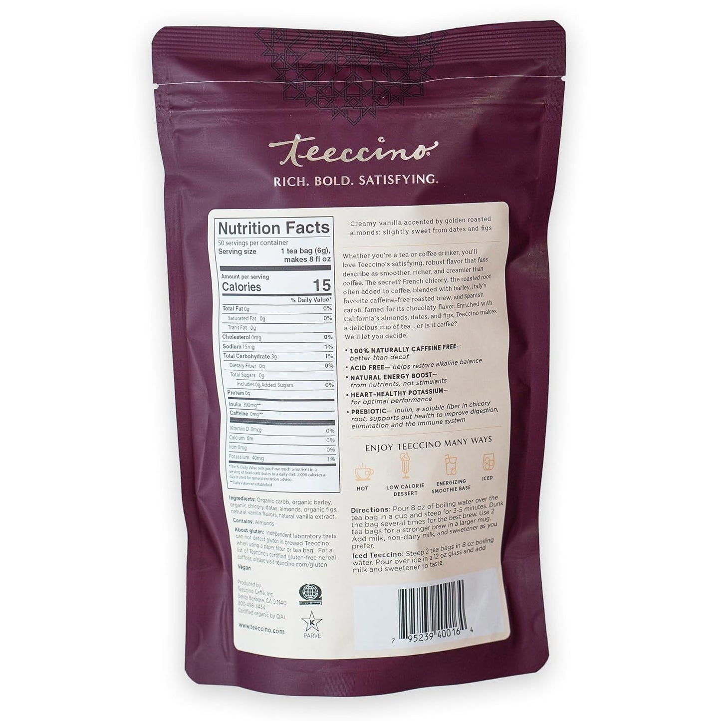 Teeccino Vanilla Nut Herbal Tea, 50 Tagless Eco-Friendly Tea Bags - Rich & Roasted Herbal Tea That’s Caffeine Free & Prebiotic for Natural Energy