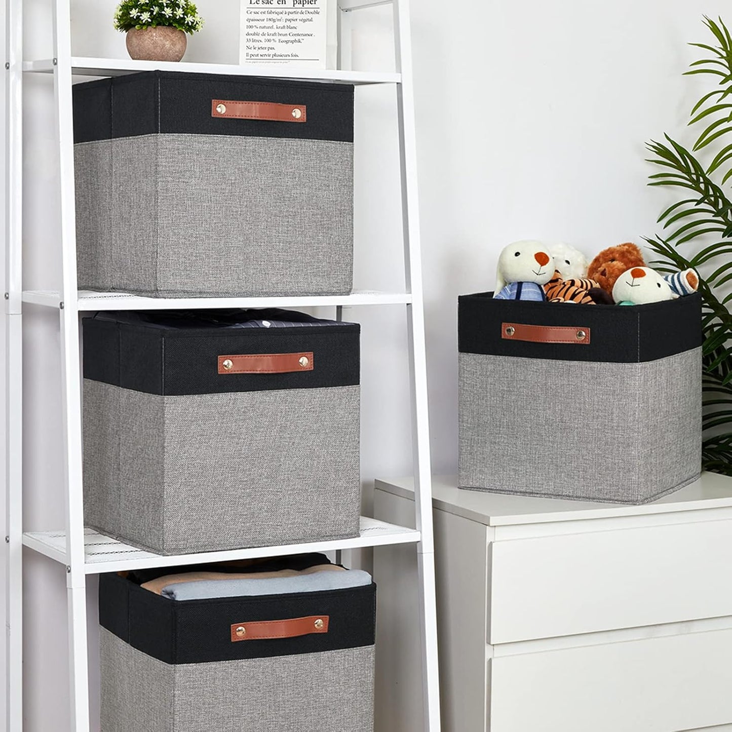 Temary 13 x 13 Storage Cubes Foldable Storage Cubes 4 Pack Canvas Storage Bin for Home, Square Storage Baskets with Leather Handles (Black&Grey)
