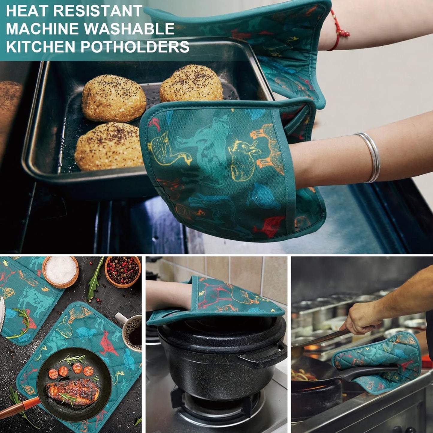 Pot Holders Set of 2 Heat Resistant 480℉ Kitchen 100% Cotton Comfortable Lining Printing Farm Cattle Flower Women Men Home Cooking Baking Microwave BBQ Gift (Farm Cattle potholds)