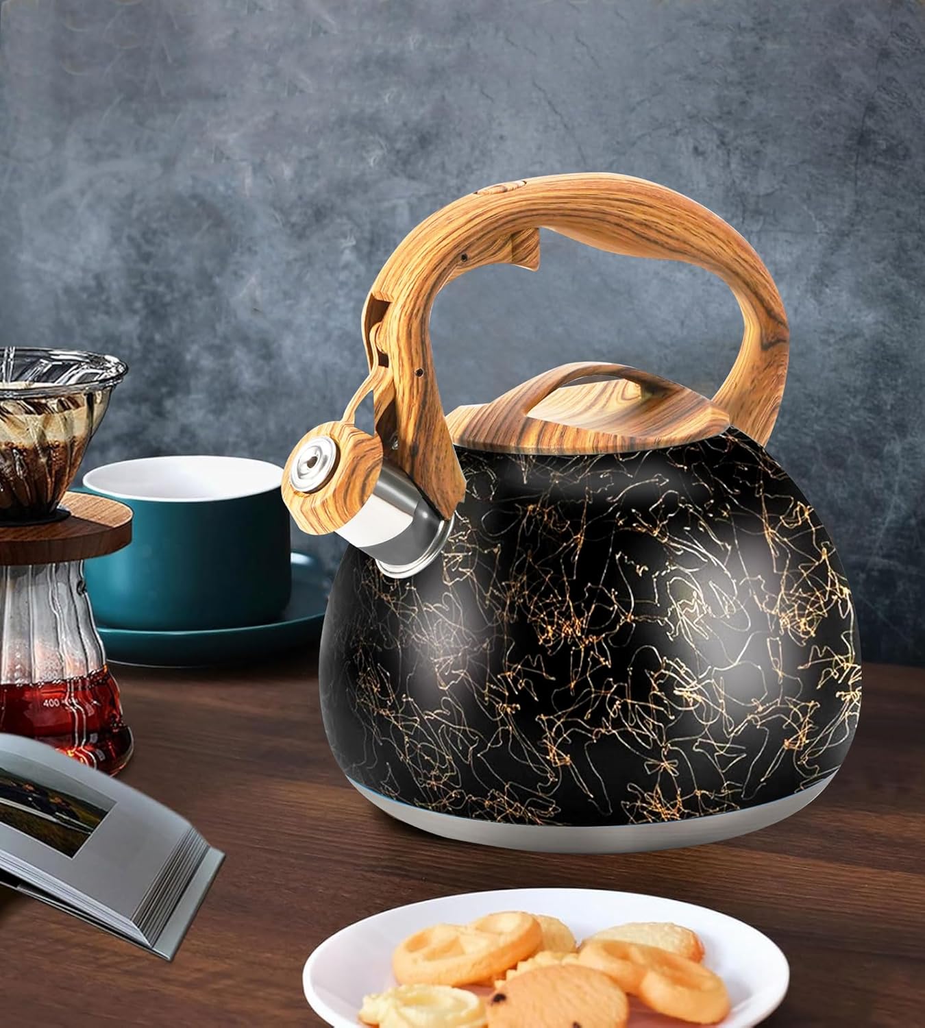 3.2Qt Whistling Tea Kettle for Stove Top, Food Grade Stainless Steel Wood Handle Teapot, Durable for Brewing Coffee, Tea, Milk, Suitable for All Heat Sources (Golden line)