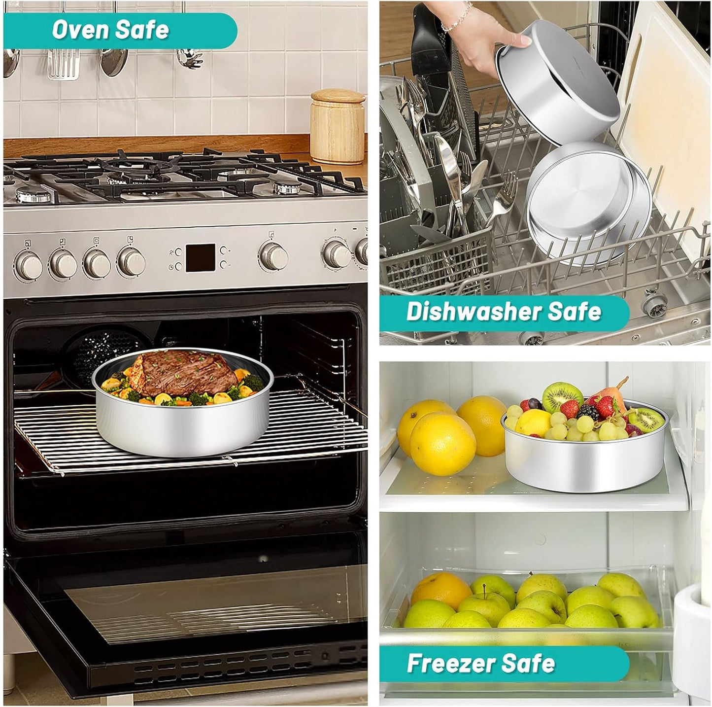 TeamFar Cake Pans, 2 PCS Stainless Steel Round 8 x 3 Inch Deep Baking Cake Pans for Wedding Birthday Party, Non-Toxic & Heavy Duty, Deep Wall & Straight Side, Dishwasher Safe