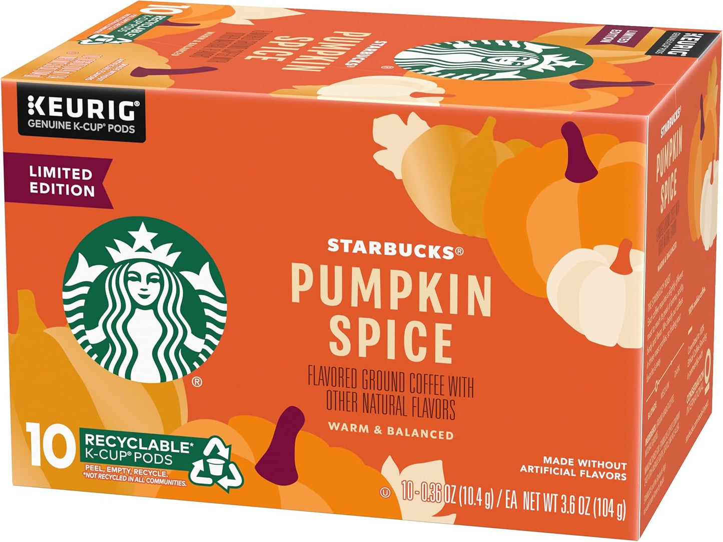 Starbucks Pumpkin Spice Coffee K-Cup Pods, Limited Edition, Made without Artificial Flavors, Keurig Genuine K-Cup Pods, 10 CT K-Cups Per Box (Pack of 3 Boxes)