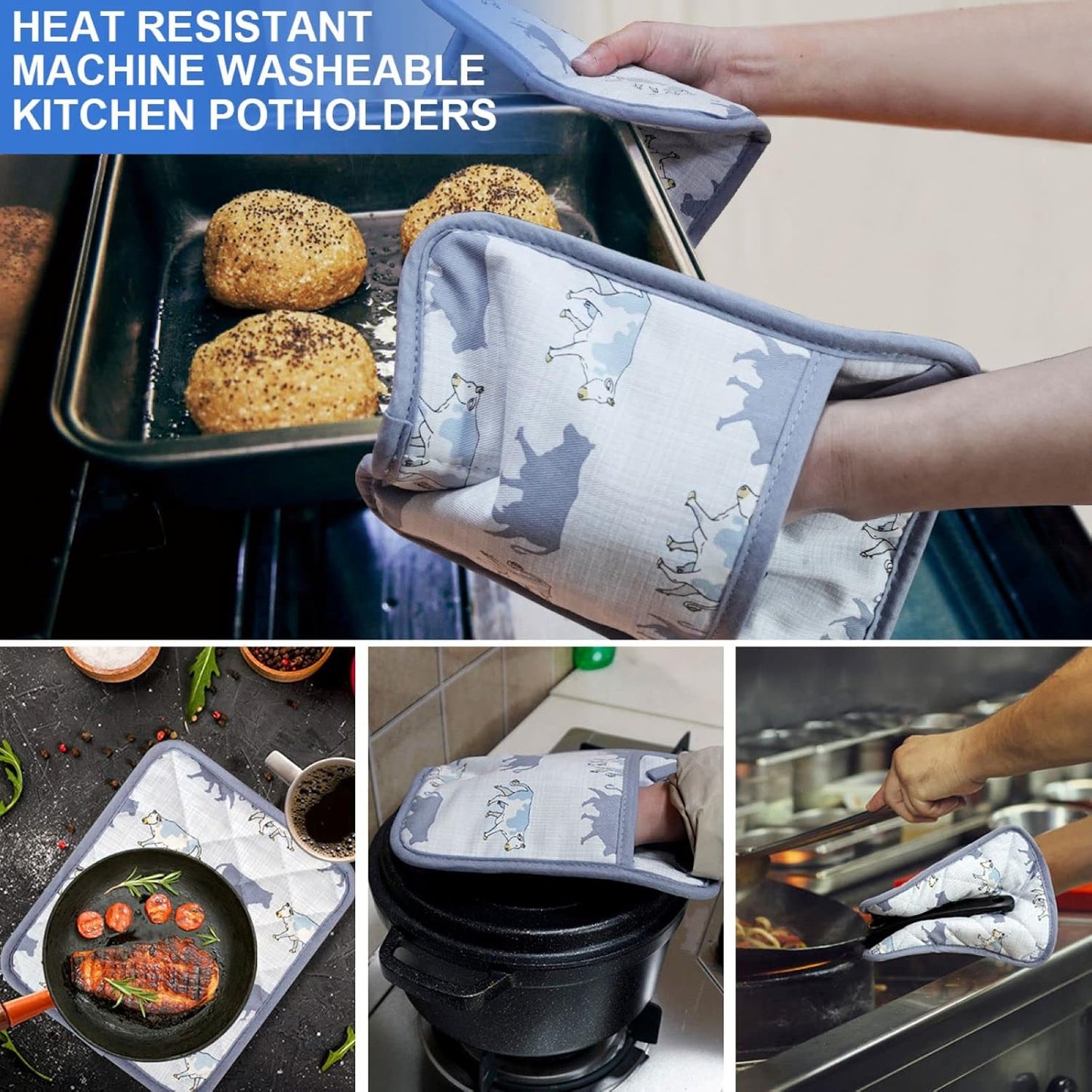 Pot Holders Set of 2 Heat Resistant 480℉ Kitchen 100% Cotton Comfortable Lining Printing Fox Flower Women Men Home Cooking Baking Microwave BBQ Gift (Cow potholder)