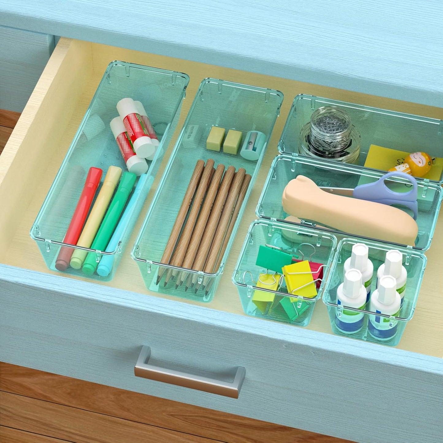 WOWBOX 9 Pack Clear Drawer Organizer Set, Acrylic Drawer Storage Trays, Storage Bins for Makeup, Cosmetics, Jewelries, Utensils, Gadgets, Office, Sea Blue