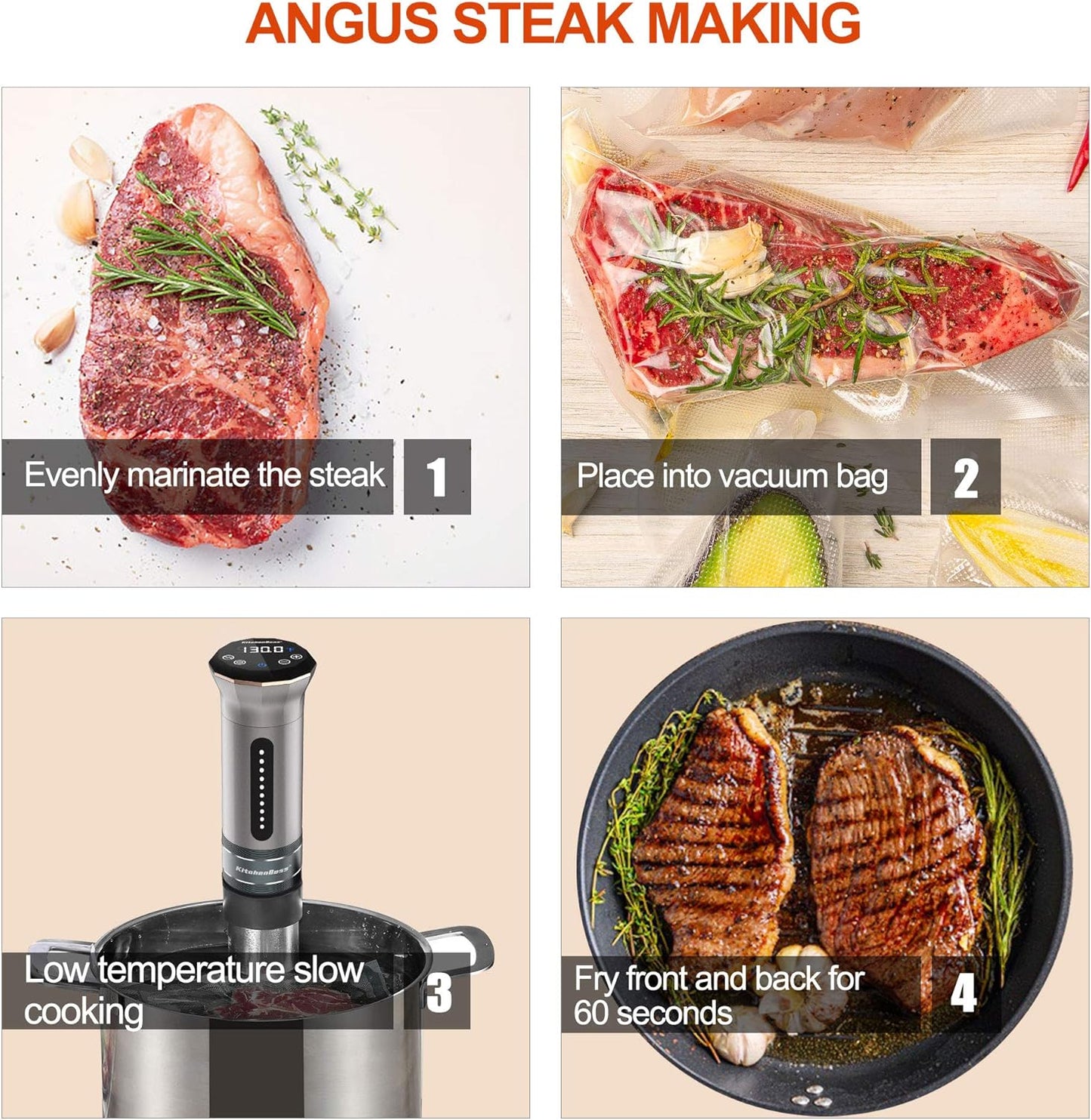 KitchenBoss Sous Vide Cooker Machine: Ultra-quiet 1100 Watt IPX7 Waterproof Water Thermal Immersion Circulator Accurate Temperature Control Digital Display Slow Cooking Sous-vide