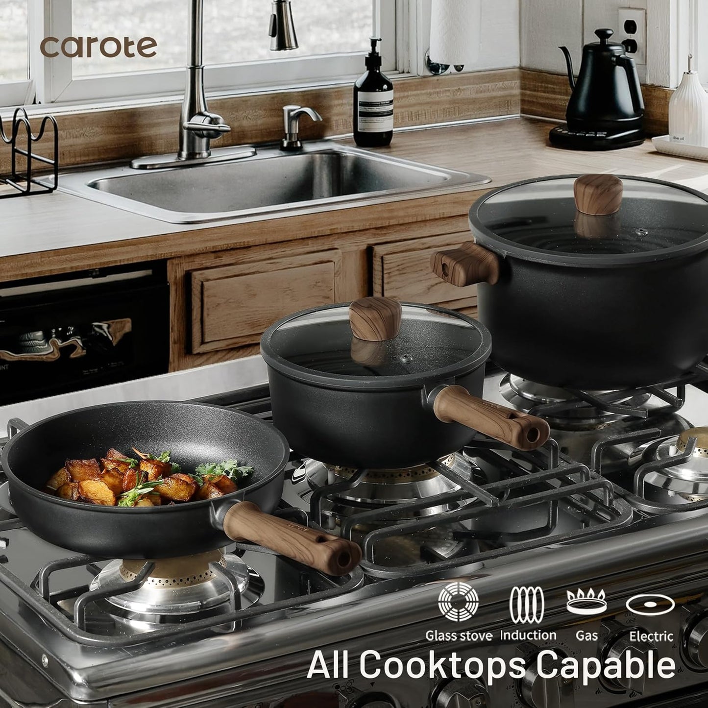CAROTE 24Pcs Nonstick Kitchen Cookware Sets, Non stick Pots and Pans set, Induction Cookware Set Black