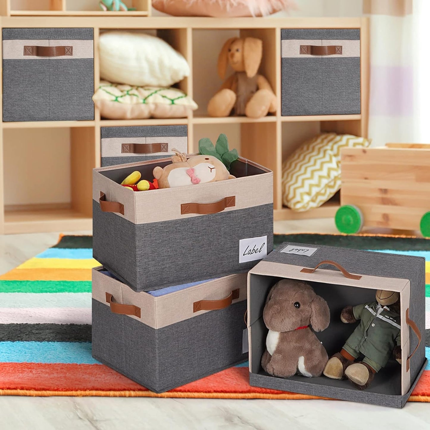 GhvyenntteS Large Storage Bins with Lids 6 Pack, Large Closet Storage Bin with Lid and 3 PU Handles, Foldable Fabric Storage Boxes with Label Window for Home Office (Beige, 15" x 11" x 9.7")