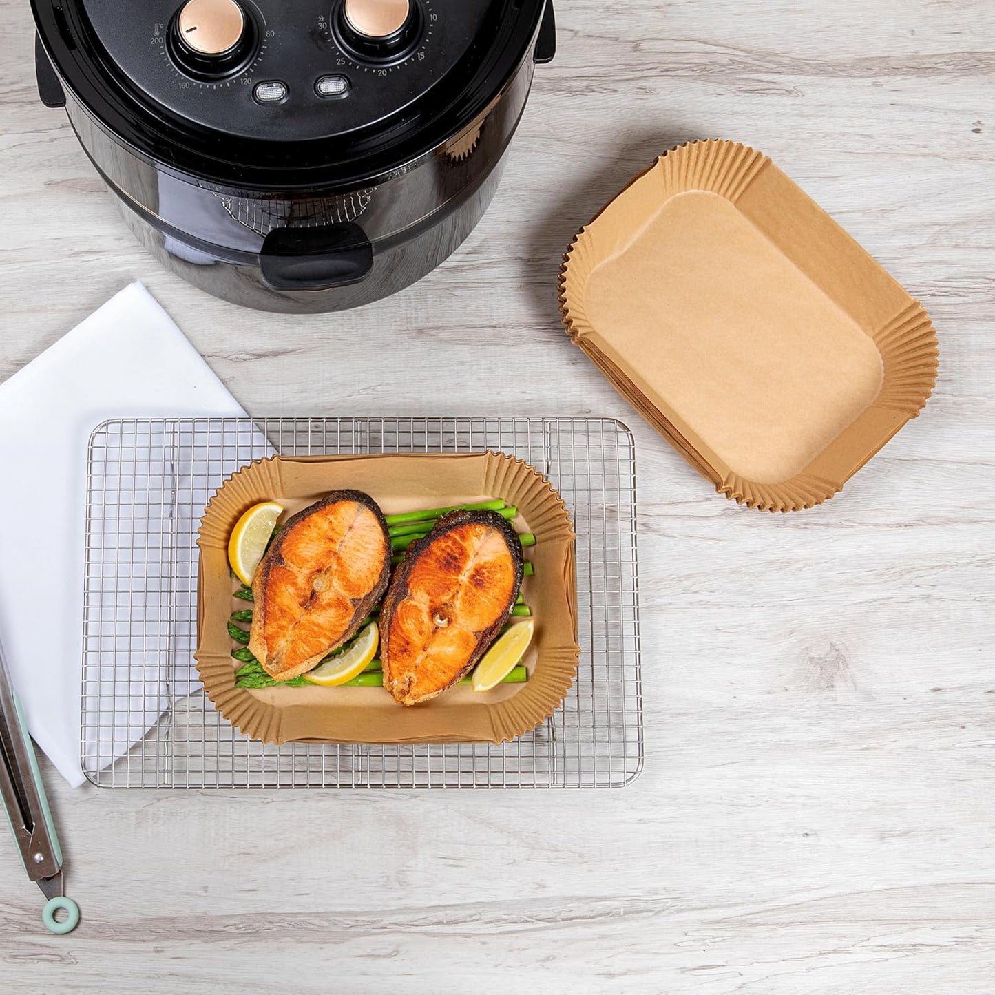 Restaurantware-Pastry Tek 8.1 x 5.5 x 1.8 Inch Air Fryer Liners, 100 Rectangle Air Fryer Baskets - No-Stick Silicone Coating, Unbleached, Food-Grade Paper Liners, For Steamer, Microwave, Oven