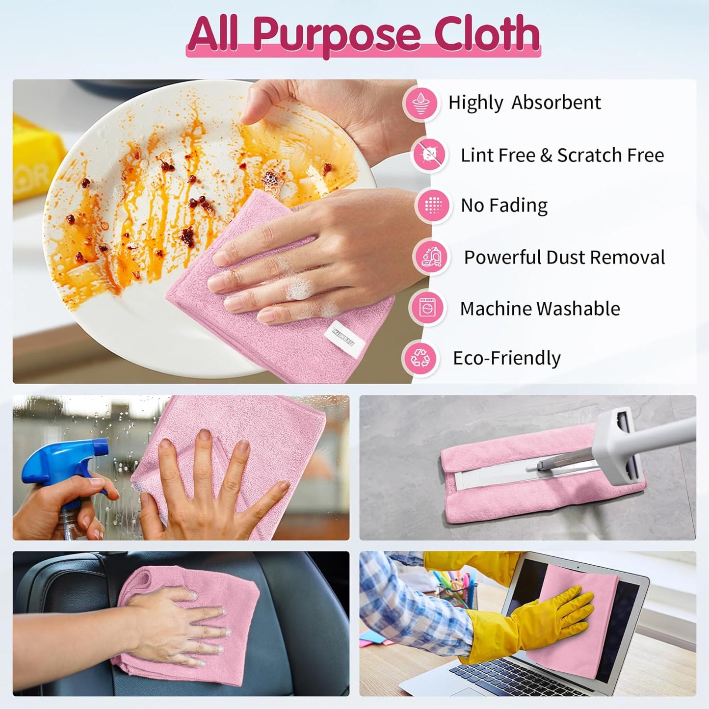 FIXSMITH Pink Microfiber Cleaning Cloth -Pack of 8, Highly Absorbent Cleaning Rags, 16"X12" All Purpose Cleaning Towels for Housekeeping, Kitchen, Car, Lint Free and Reusable Microfiber Towels