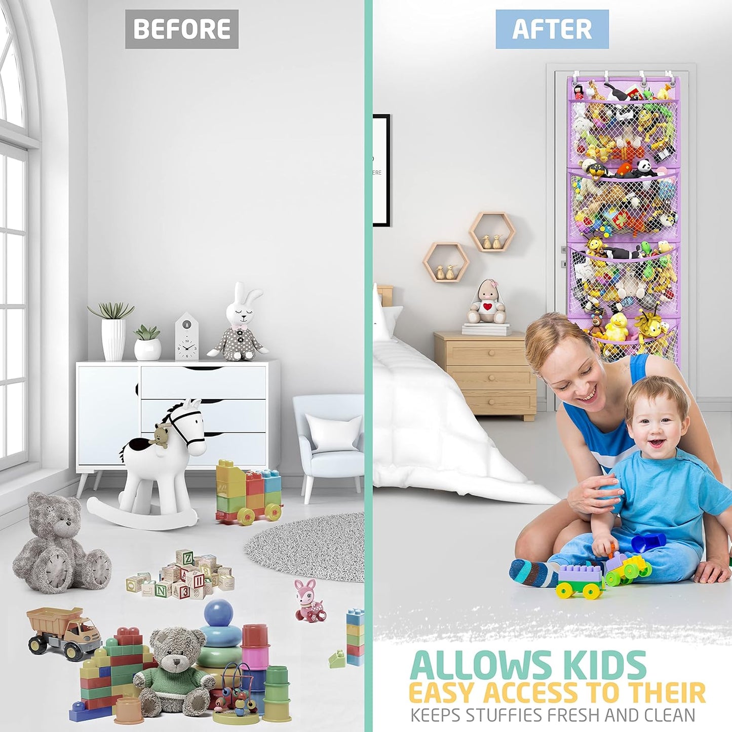 Honeyera Plush Storage (Patent Pending) - Plush Hammock Net Over Door Organizer for Stuffies, Baby Accessories, Toy/Hammock Hanging Storage Big Girls Toddler Large Bag Animals (Purple)