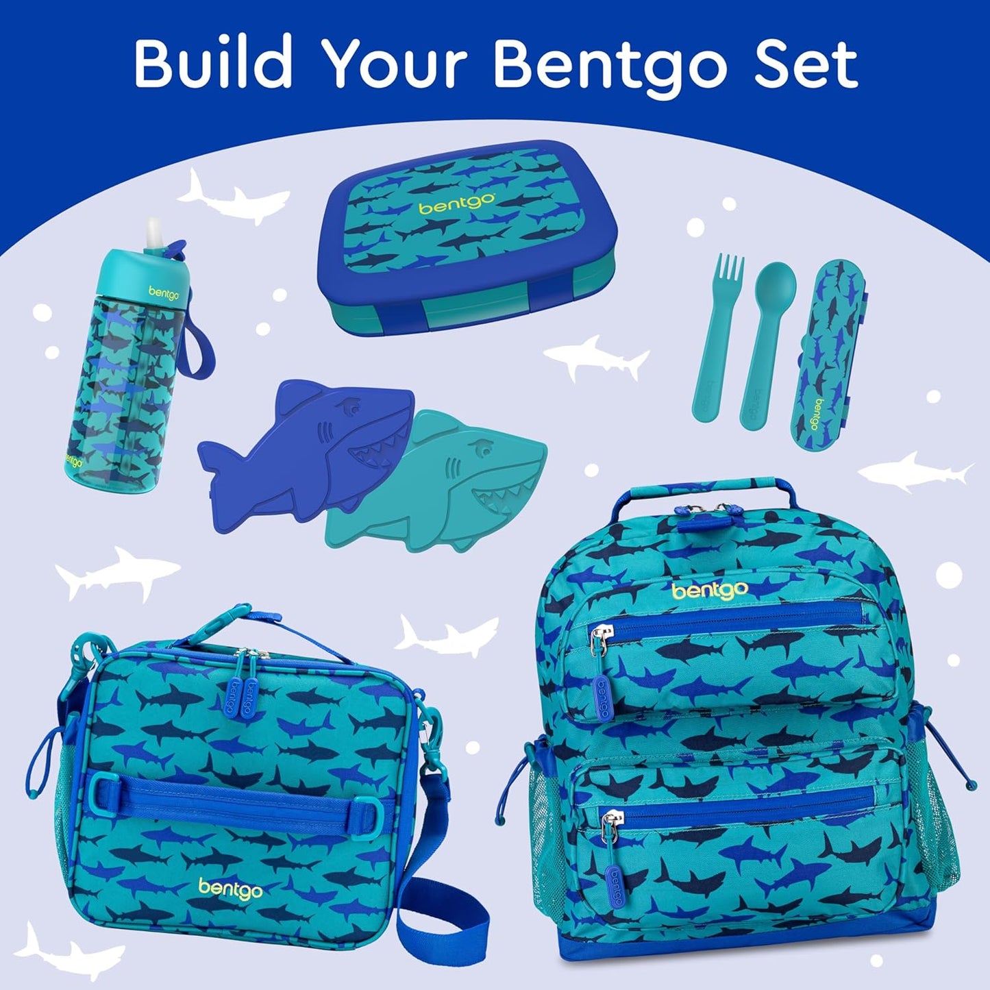 Bentgo Kids Prints Leak-Proof, 5-Compartment Bento-Style Kids Lunch Box - Ideal Portion Sizes for Ages 3-7, Durable, Drop-Proof, Dishwasher Safe, & PFAS & BPA-Free Materials (Sharks)