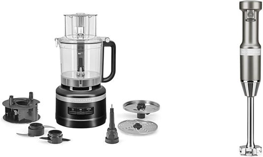 KitchenAid 13-Cup Food Processor, Black Matte & Variable Speed Corded Hand Blender KHBV53, Contour Silver