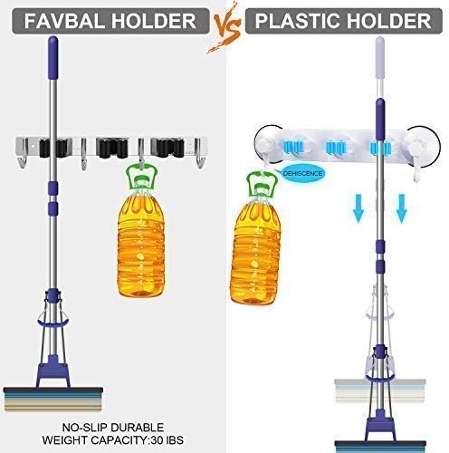 Broom Mop Holder Wall Mount,Favbal Garage Organization Tool Organizer Storage Broom Closet Kitchen Organization Heavy Duty Garage Tools Hanger with 3 Racks 4 Hooks for Home Kitchen Garden Laundry Room