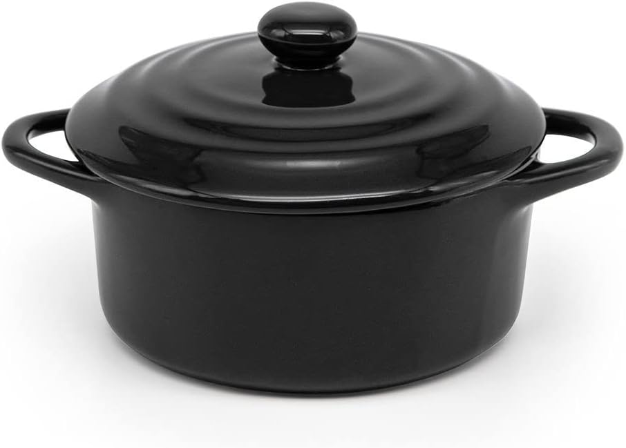 Kook Ceramic Mini Cocotte Set, Small Casserole Dishes with Lids and Handles, Individual Baking Ramekins, Oven, Microwave & Dishwasher Safe, Stoneware, 12 oz, Set of 4 (Black)