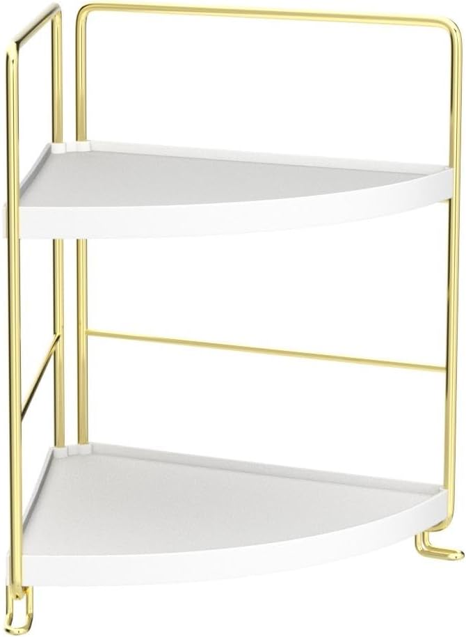 FSyueyun 2-Tier Corner Bathroom Counter Organizer, Tool-Less Installation Vanity Shelf Small Plastics Countertop Makeup Tray Skincare Perfume Organizers (Gold)