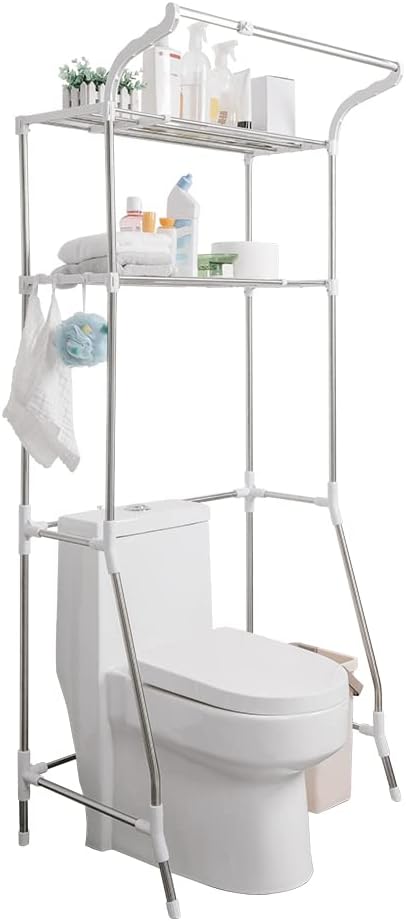 BAOYOUNI 2-Tier Laundry Room Shelf Over Washing Machine Storage Utility Rack Above Toilet Washer Dryer Bathroom Organizer Width Adjustable Space Saving Shelving Units with Clothes Hanging Rod, White