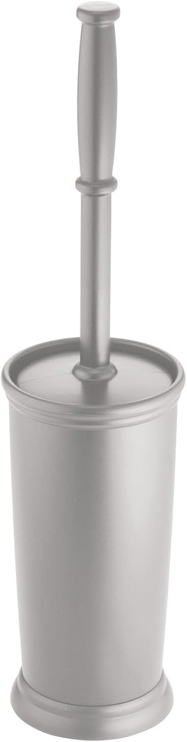mDesign Compact Freestanding Plastic Toilet Bowl Brush and Holder for Bathroom Storage and Organization - Space Saving, Sturdy, Deep Cleaning, Covered Brush - Silver