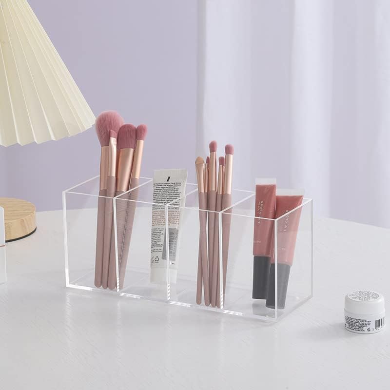 HSYMQ Acrylic Pen Holder 4 Compartments Clear Pencil Holder Organizer Makeup Brush Holder
