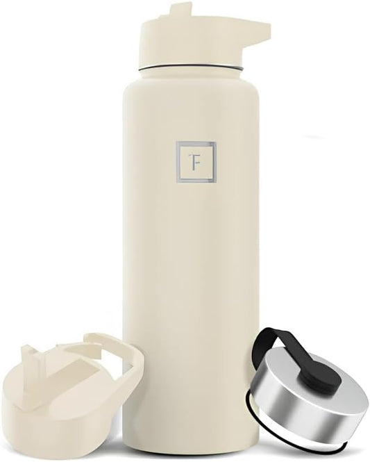 IRON °FLASK Camping & Hiking Hydration Flask with Straw, Wide Mouth Insulated Stainless Steel Sports Water Bottle - 40 oz Cashmere Cream