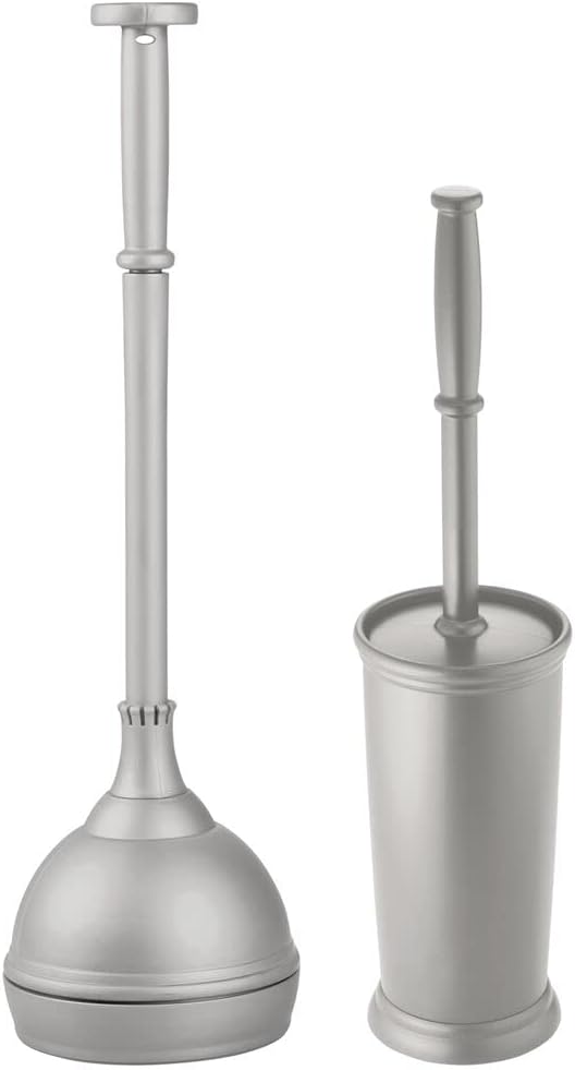 mDesign Hidden Plunger and Brush Set for Toilet Bowl - Modern Toilet Brush and Plunger Set - Brush Cleaner and Plunger Combo with Holder Caddy for Bathroom - Hyde Collection - Set of 2 - Gray