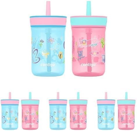 Contigo Kids’ Leighton Straw Tumbler with Spill-Proof Lid, 14oz., 2 Pack, Blue Raspberry & Azalea (Pack of 4)