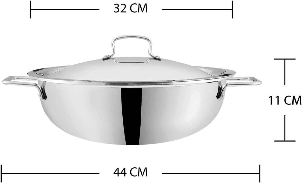 Vinod Platinum Triply Stainless Steel Kadai | Suitable For Indian Cooking, Sauces, Stews, Soups | Extra Deep, 32cm | Induction, Electric Friendly