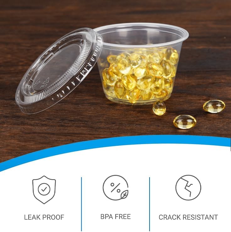 EDI Clear Disposable Plastic Portion Cups with Leakproof Lids | Jello Shot & Condiment Cups | 3.25 OZ, 100 Sets | BPA Free & Recyclable