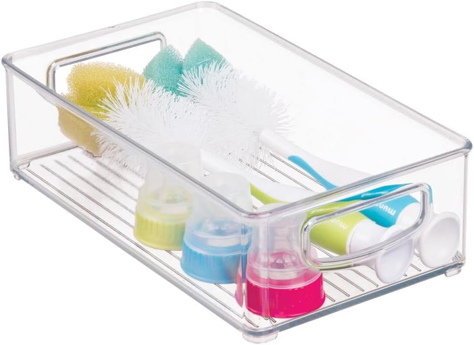 mDesign Small Plastic Baby Nursery and Food Organizer -Storage Holder Bin with Handles for Closet, Cupboard, Cabinet, Drawers, Shelves - Holds Canned Food, Bottles, Formula - Ligne Collection, Clear