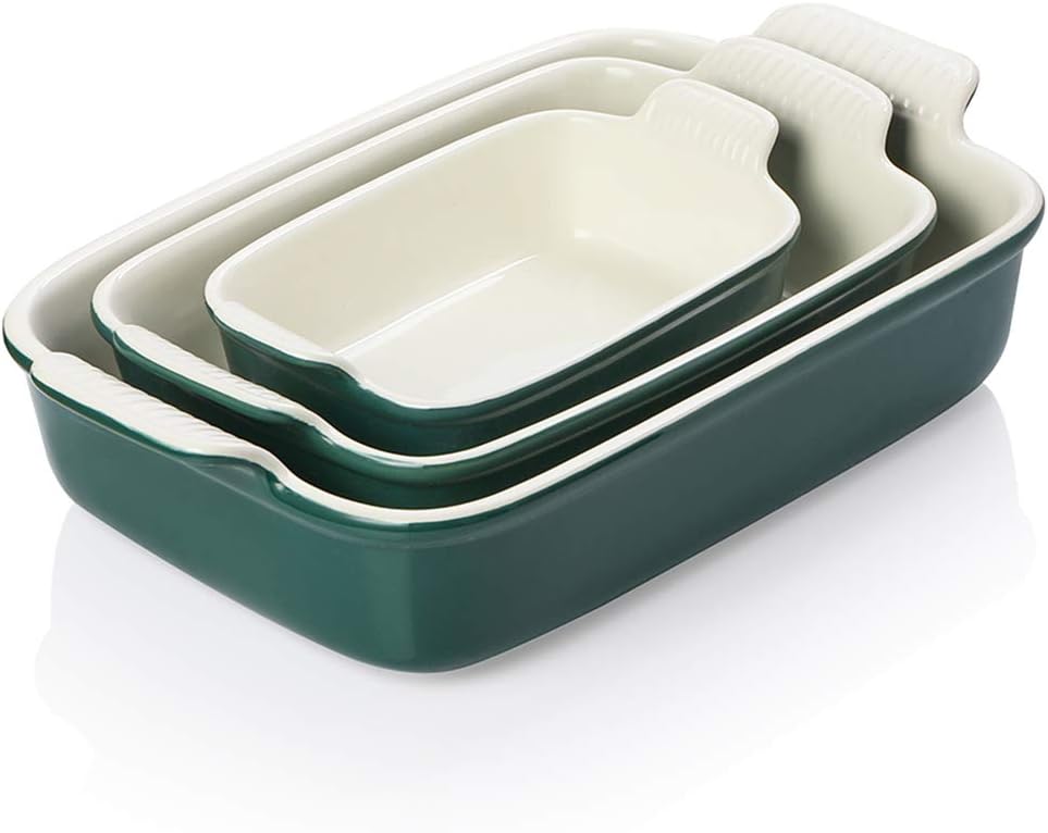 Sweejar Baking Pans Set, Ceramic 9x13 Baking Dish with Handle, Rectangular Casserole Dishes for Oven, Bakeware Sets of 3, Durable Lasagna Pan Deep for Kitchen, Banquet, Wedding Gift(Jade)