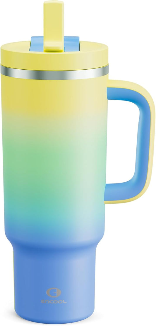 ENCOOL 40 oz Tumbler with Handle and Straw: Stainless Steel Insulated Tumbler Keeps Cold for 24 Hours, Leakproof Travel Cup Fits in Cup Holder and BPA-Free, Soft Lagoon