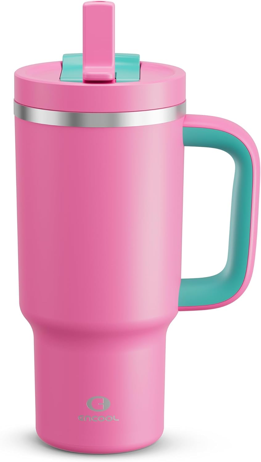 ENCOOL 32 oz Tumbler with Handle and Straw: Stainless Steel Insulated Tumbler Keeps Cold for 24 Hours, Leakproof Travel Cup Fits in Cup Holder and BPA-Free,Light Crimson