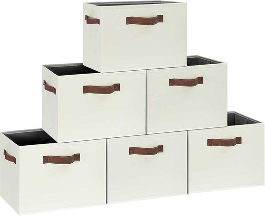 GhvyenntteS Large Storage Baskets for Shelves 6 Pack, Collapsible Fabric Storage Bins with 3 Handles, Decorative Closet Organizers and Storage bins for Clothes Blanket Beddings (Beige, 15"x11"x9.6")