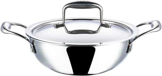 Vinod Platinum Triply Stainless Steel Kadai | Suitable For Indian Cooking, Sauces, Stews, Soups | Extra Deep Kadai With Lid | Induction, Electric Friendly (22cm)