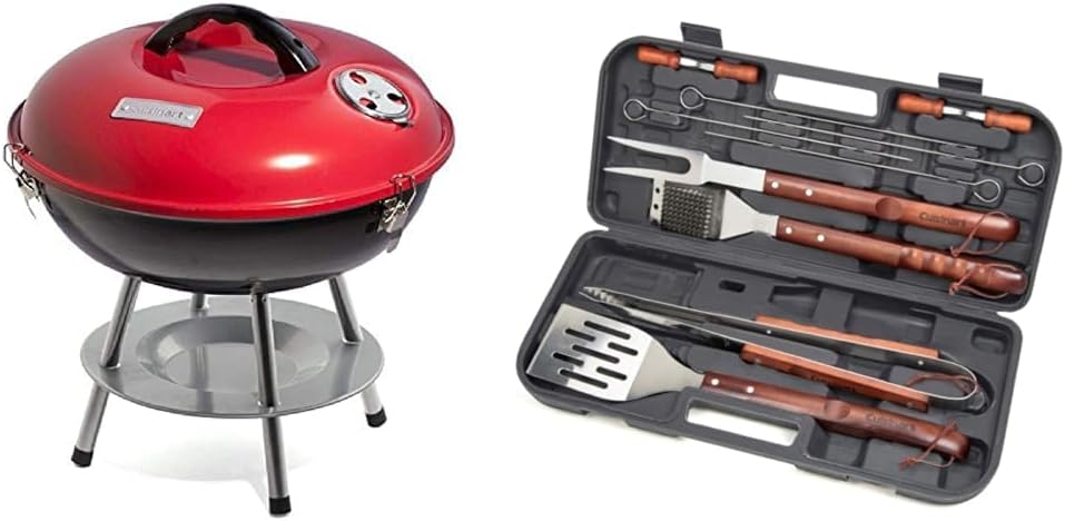 Cuisinart CCG190RB Inch BBQ, 14" x 14" x 15", Portable Charcoal Grill, 14" (Red) & CGS-W13 Wooden Handle Tool Set, Black (13-Piece)