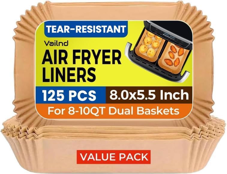 125Pcs Air Fryer Liners Disposable for Dual Basket, 8x5.5 Inch Rectangle Parchment Paper for Ninja DZ201 DZ401, Chefman/COSORI 2-Basket Air Fryer, Oil Proof Paper Liner by Vailnd