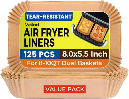 125Pcs Air Fryer Liners Disposable for Dual Basket, 8x5.5 Inch Rectangle Parchment Paper for Ninja DZ201 DZ401, Chefman/COSORI 2-Basket Air Fryer, Oil Proof Paper Liner by Vailnd