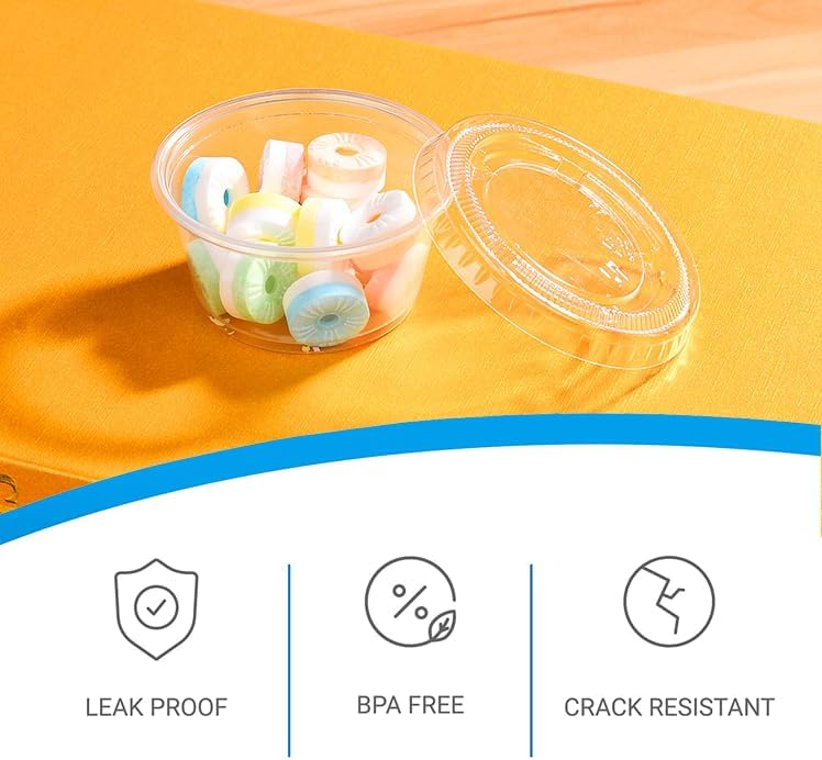 EDI Clear Disposable Plastic Portion Cups with Leakproof Lids | 2 Oz, 100 Sets | BPA Free, Recyclable Jello & Dipping Sauce Cups
