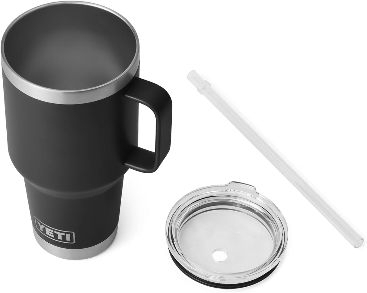 YETI Rambler 35 oz Tumbler with Handle and Straw Lid, Travel Mug Water Tumbler, Vacuum Insulated Cup with Handle, Stainless Steel, Black