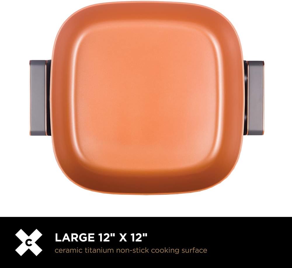 Crux Extra Deep Nonstick Scratch Resistant Electric Skillet with Removeable Temperature Probe, 12" x 12", silver (14620)