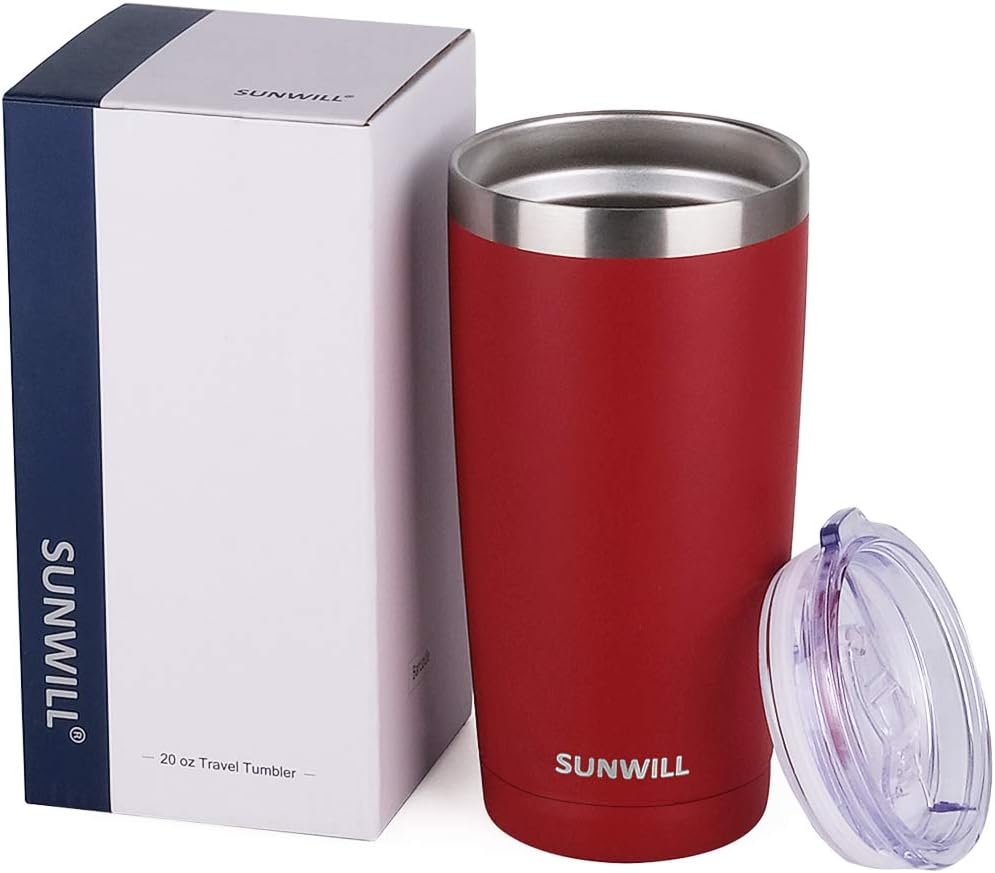 SUNWILL Travel Coffee Tumbler 20 oz, Insulated Mug with Lid, Stainless Steel Cup for Hot and Cold Drinks, Powder Coated Wine Red