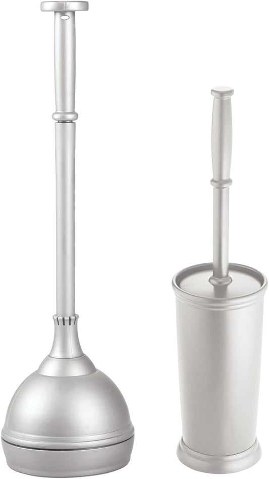 mDesign Plastic Modern Compact Toilet Plunger and Toilet Bowl Brush for Bathroom Storage Organization - Sturdy, Heavy Duty, Deep Cleaning Accessories - Hyde Collection - Set of 2 - Silver