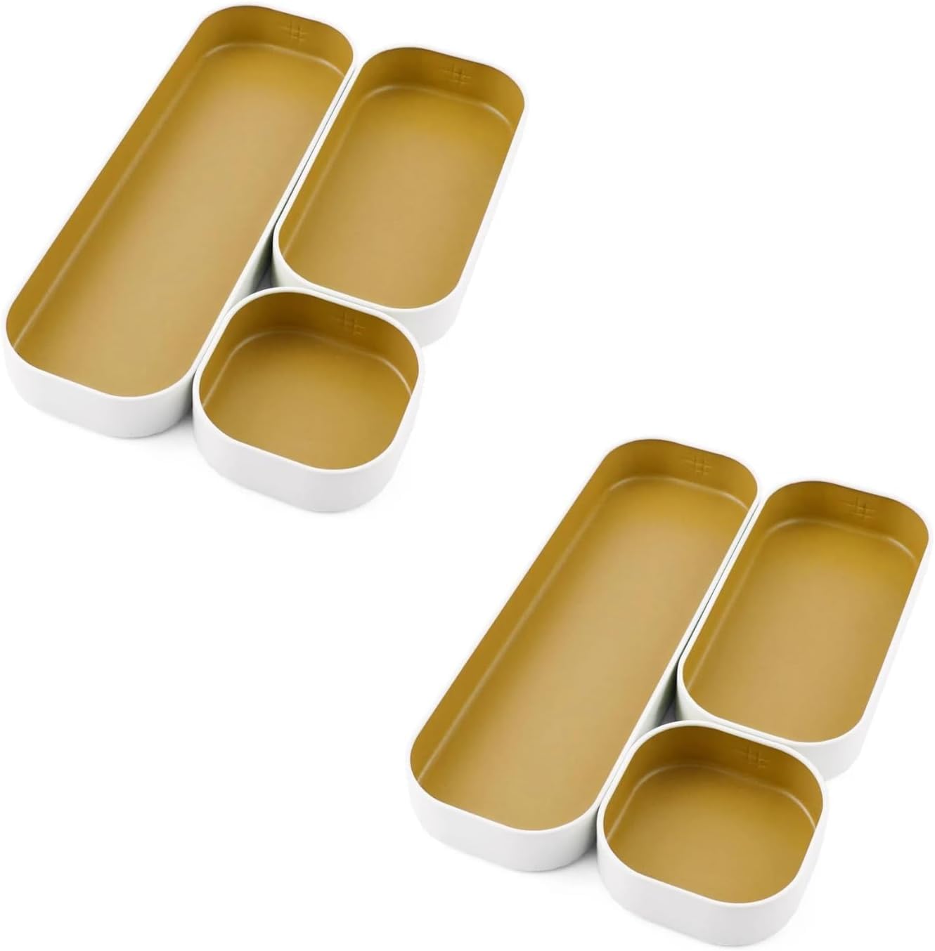 Three by Three Seattle 6 Piece Shallow Metal Organizer Tray Set for Storing Makeup, Stationery, Utensils, and More in Office Desk, Kitchen and Bathroom Drawers (1 Inch, Gold and White)