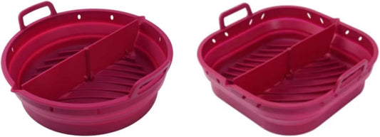 Reusable Silicone Air Fryer Liner –2pcs (Round+Square), Collapsible, Oil-Draining Design, Food-Grade, Non-Stick, Heat Resistant, Dishwasher Safe – Fits 5–8 QT Baskets (pink)