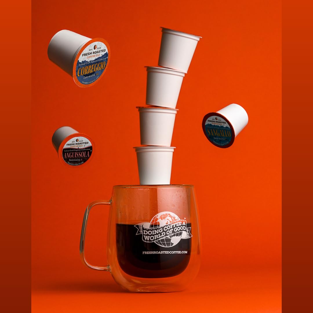 Fresh Roasted Coffee, Italian Craft Coffee Variety Pack, Artisan Blend, Dark Roast, Kosher, 96 Pods for K cup Brewers
