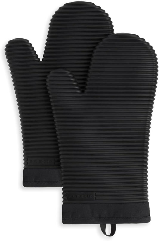 KITCHENAID Ribbed Soft Silicone Oven Mitt 2-Pack Set, Matte Black, 7.5"x13"