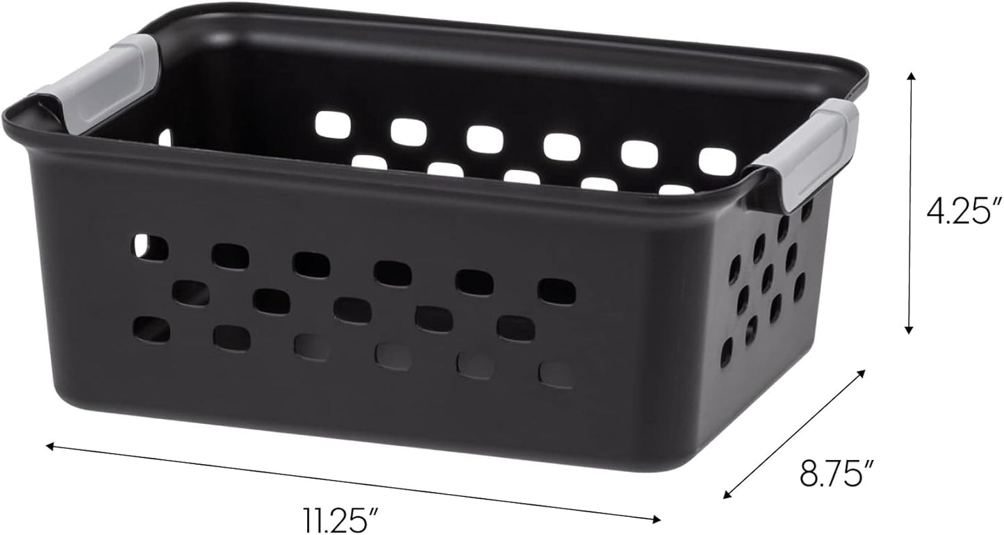 IRIS USA Plastic Basket, 12-Pack, Small, Shelves Storage Basket for Organizing Pantry, Cabinet, Bedroom, Closet, Laundry Room, Office, Black