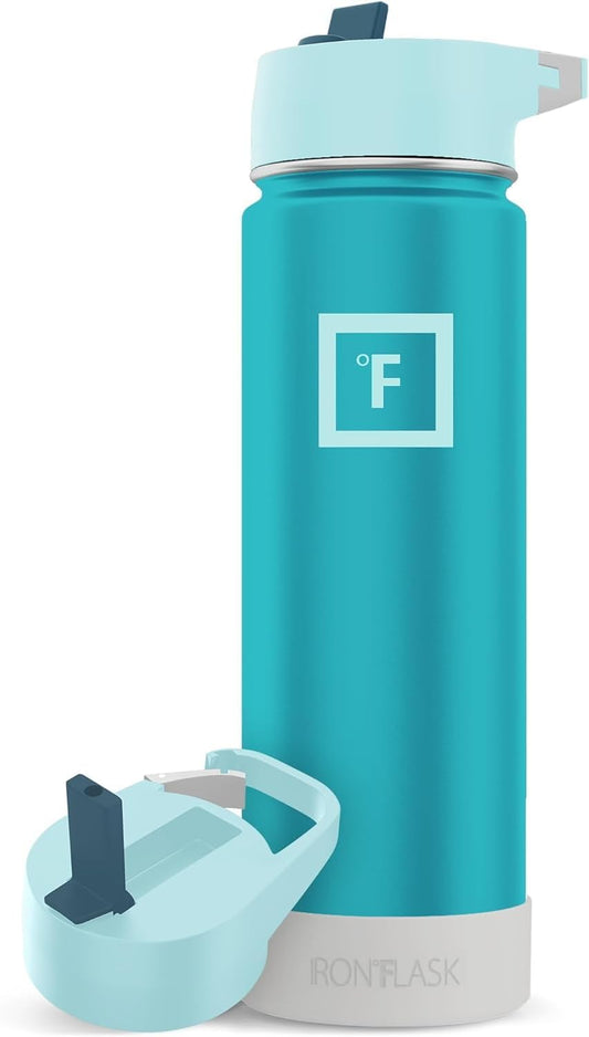 IRON °FLASK Camping & Hiking Hydration Flask with Straw, Wide Mouth Insulated Stainless Steel Sports Water Bottle - 22 oz Azure Mist